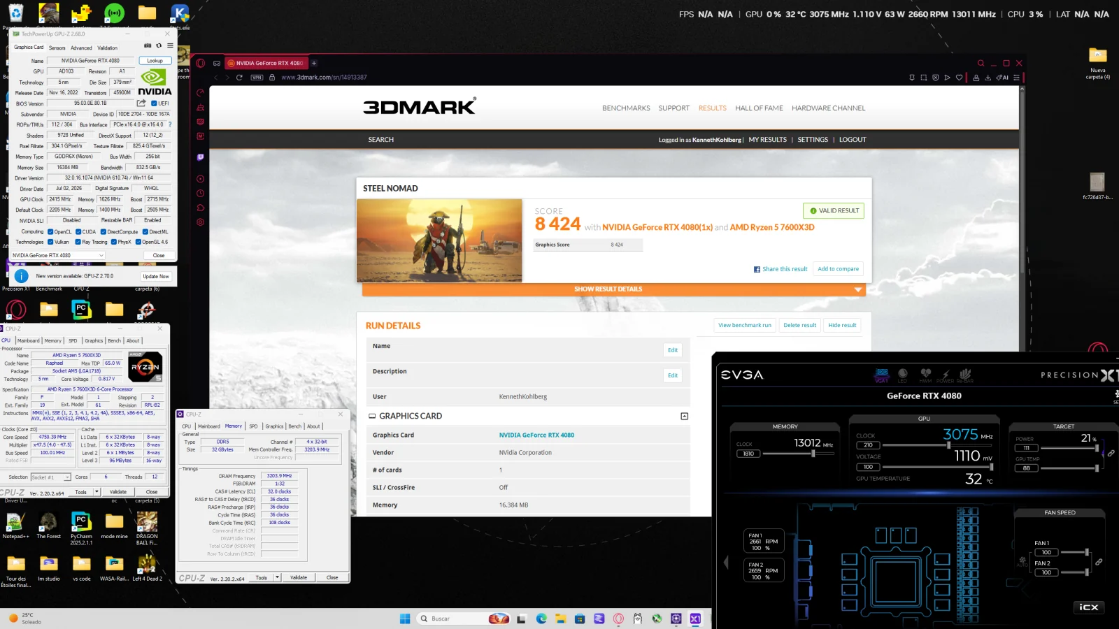 Desktop screenshot: the 3DMark Steel Nomad result page marked VALID RESULT with a score of 8 424 on an NVIDIA GeForce RTX 4080 and an AMD Ryzen 5 7600X3D, next to GPU-Z, CPU-Z and EVGA Precision X1.
